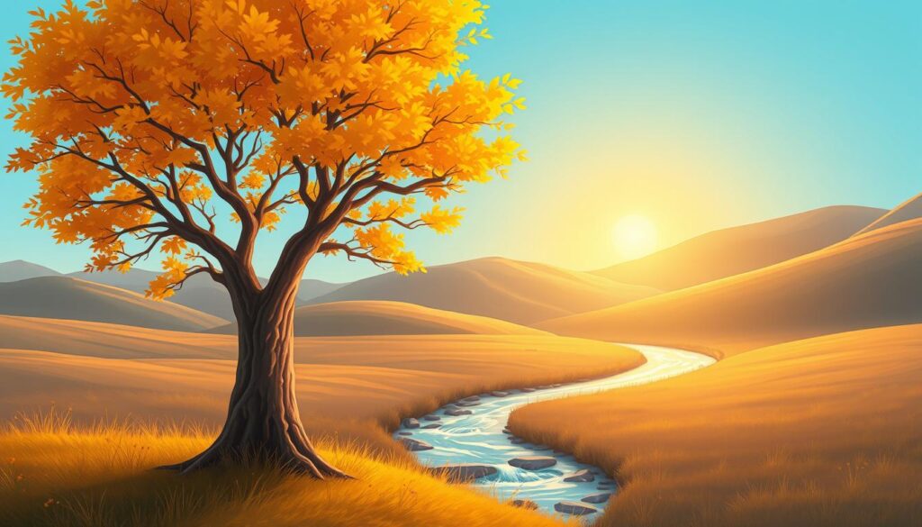 A serene landscape depicting emotional growth, with a vibrant tree at the forefront, its branches extending upwards, symbolizing personal and emotional development. The tree's leaves are a mix of warm autumn colors, representing change and maturity. In the middle ground, a gentle stream flows, reflecting the light of a golden sunrise that bathes the scene in a warm, hopeful glow. In the background, soft hills rise, fading into a clear blue sky. The atmosphere is calm and uplifting, evoking a sense of peace and potential. Use a wide-angle lens to capture the expansive view, focusing on the details of the tree and the flowing water. The image should resonate with the journey of self-discovery and transformation, embodying the essence of emotional growth. Nextself.ai.