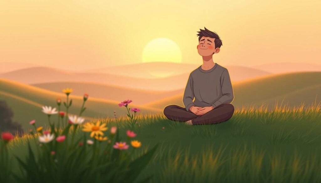 A serene scene depicting mindfulness, focusing on a peaceful individual sitting cross-legged on a soft, grassy hillside. In the foreground, the person, dressed in modest, comfortable clothing, closes their eyes and smiles gently, surrounded by a gentle aura of warm light. In the middle ground, wildflowers bloom in vibrant colors, symbolizing growth and tranquility. The background features rolling hills under a soft, pastel sunset sky, casting a golden hue over the entire scene. The atmosphere is calm and reflective, evoking feelings of serenity and emotional balance. The composition captures a slight depth of field, emphasizing the individual while softly blurring the enchanting landscape. Ideal for illustrating strategies for fostering emotional growth. Created by nextself.ai.